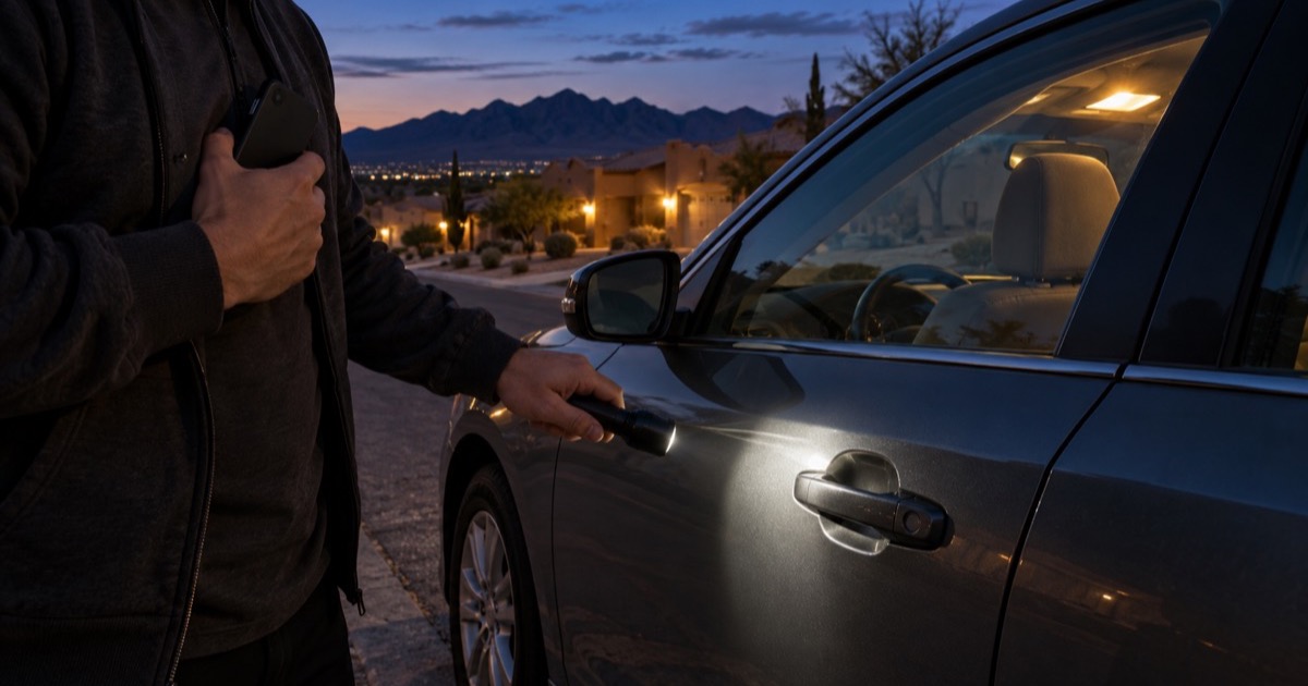A person holds a phone and shines a flashlight on a car door handle on an El Paso street at dusk, mountains behind