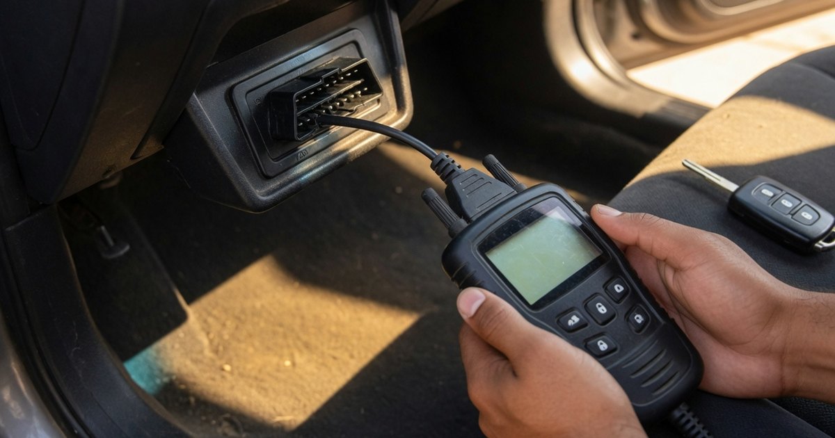 A handheld diagnostic scan tool plugged into a car's OBD-II port under the dashboard, held in a technician's hands, with a car key fob resting on the seat beside them.