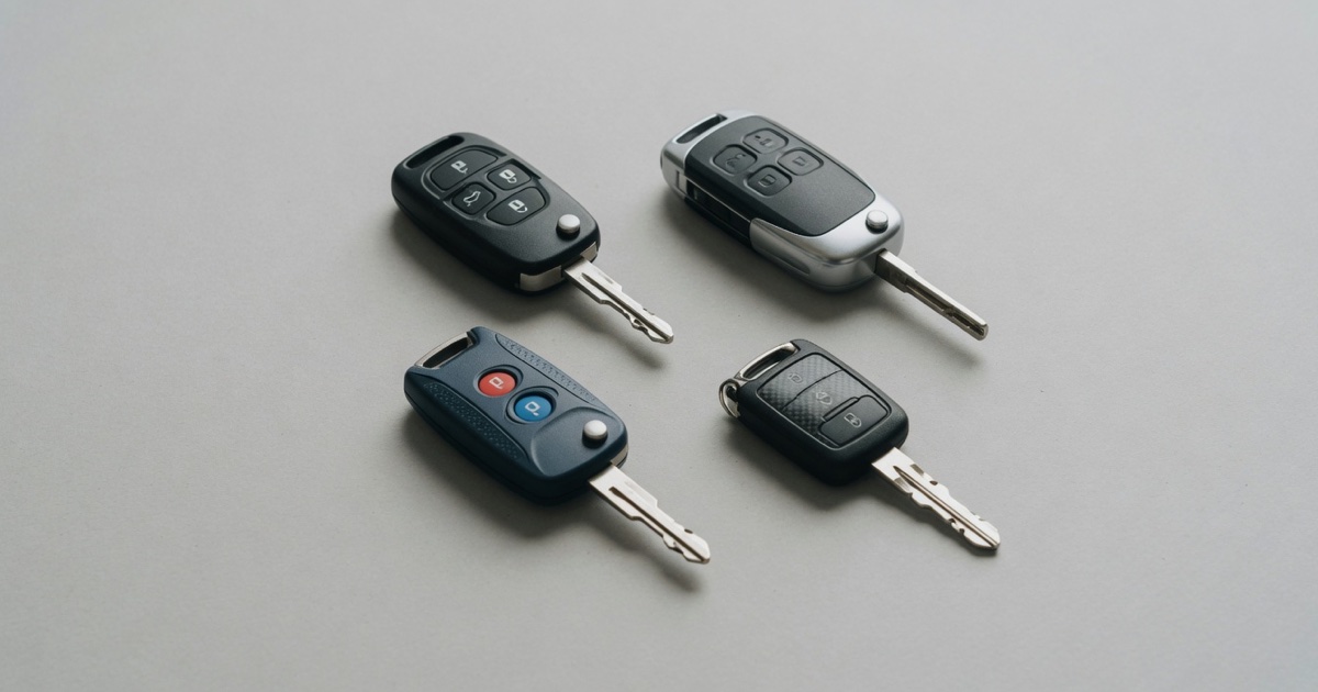 Several different car keys and remote head fobs, each with a visible metal blade, arranged side by side on a plain grey surface.