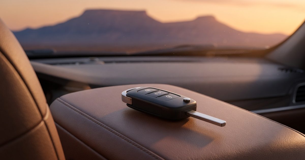 Una llave de auto con control remoto sobre la consola de piel de un carro al atardecer, con montañas del desierto al fondo vistas a través del parabrisas.