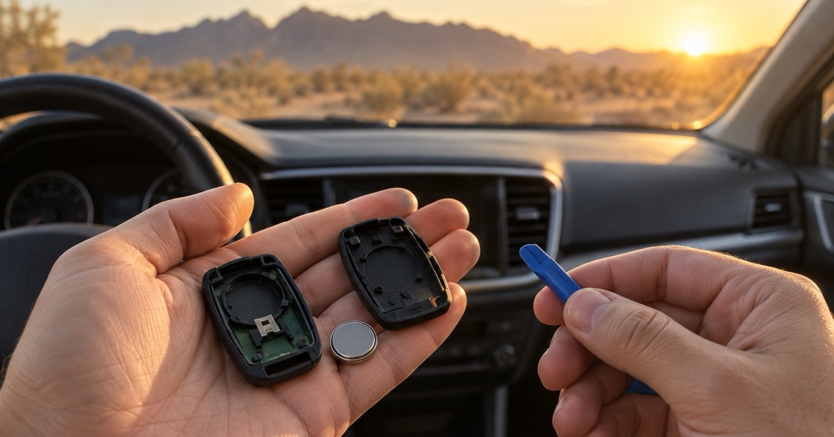 Hands holding an opened car key fob, its coin cell, and a blue pry tool inside a car facing desert mountains at sunset