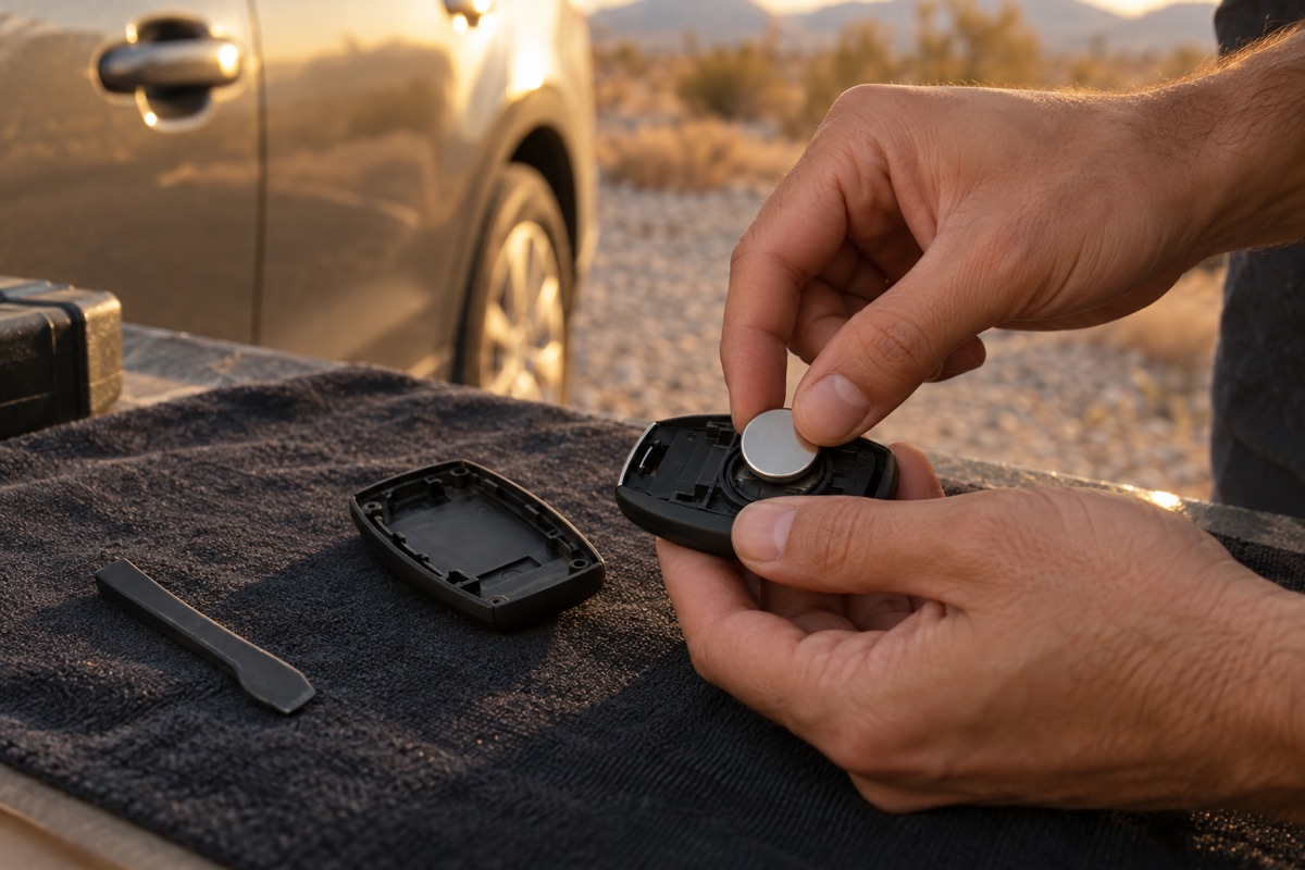 Close view of hands seating a coin cell battery into an opened key fob with a blurred car door behind