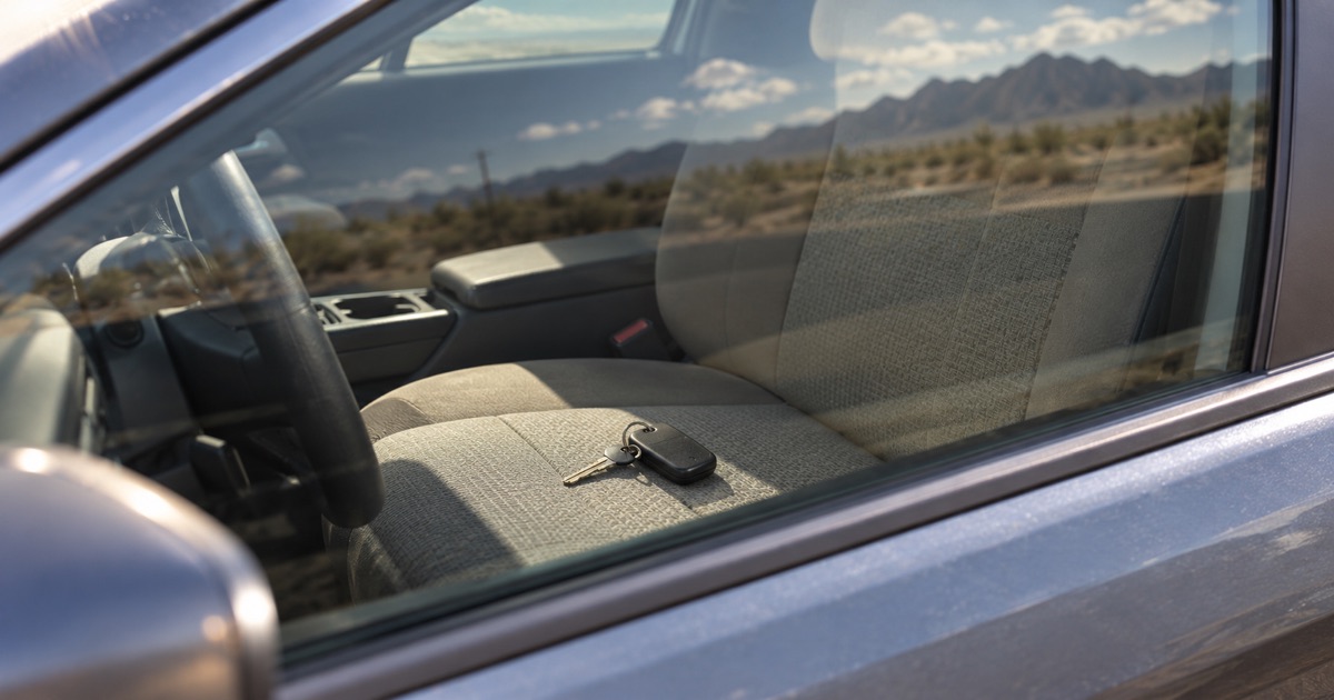Car keys and a black fob left on a tan driver's seat, seen through a closed window with desert mountains beyond
