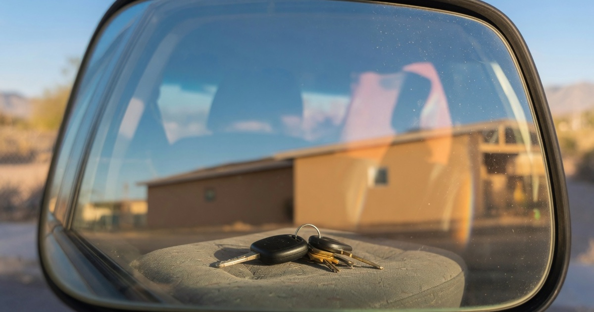 A set of car keys sits on the cloth seat just out of reach, seen through a closed, dusty car window reflecting blue sky and desert mountains in bright El Paso daylight.