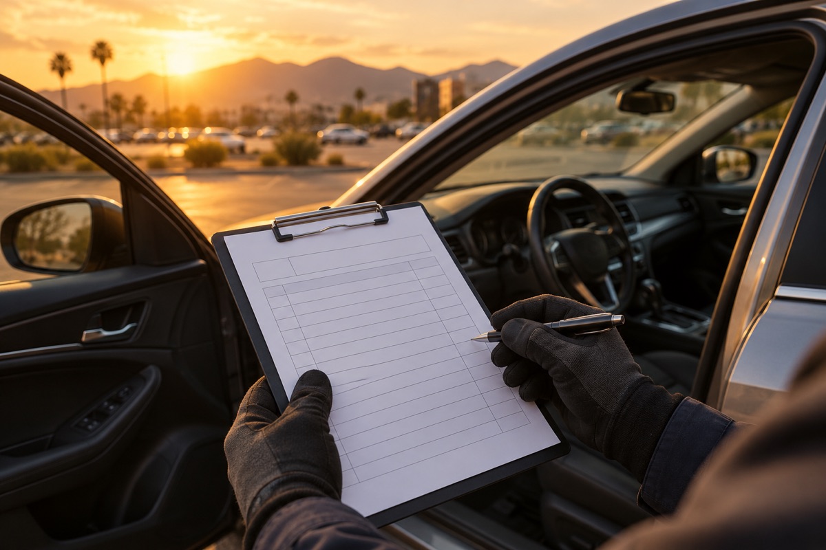 Technician's gloved hands holding a blank invoice clipboard next to an open car door in an El Paso parking lot at dusk